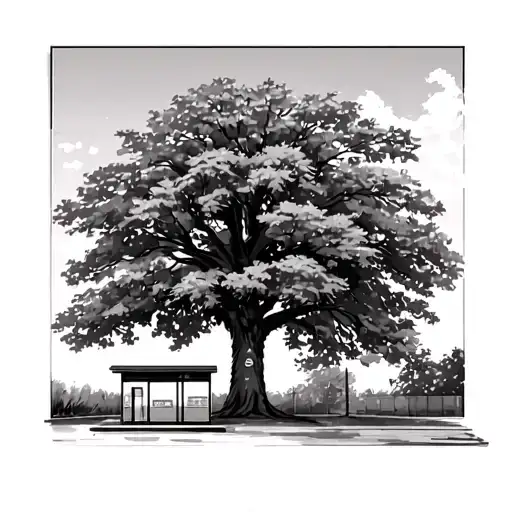 a brick built bus stop with a large oak tree behind it tattoo design idea