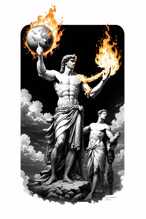 Prometheus holding fire with atlas next to him holding up the sky tattoo design idea