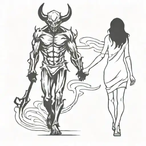 a drawing of a girl and a demon walking holding hands tattoo design idea