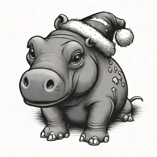 baby carton hippo with Christmas hat sitting alone tattoo design idea