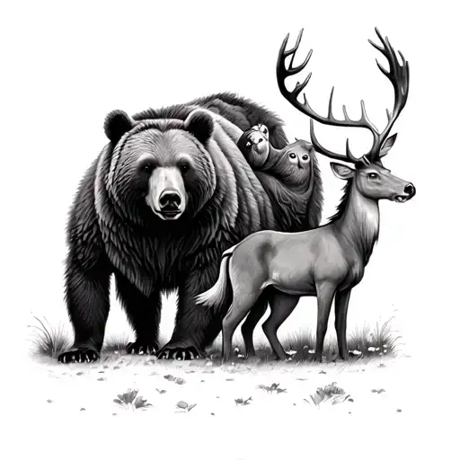 tottum of animals in the style of brothers Grimm inspired fairytale scene, a bear, a stag, tiny pony and an African grey tattoo design idea