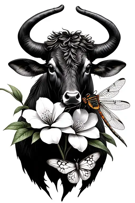 Jasmine flowers with a dragonfly and a butterfly resting include a Brazilian brahma bull. Make the piece feminine.  tattoo design idea