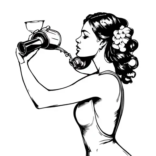 nude barista girl holding a bottle pouring. tattoo design idea