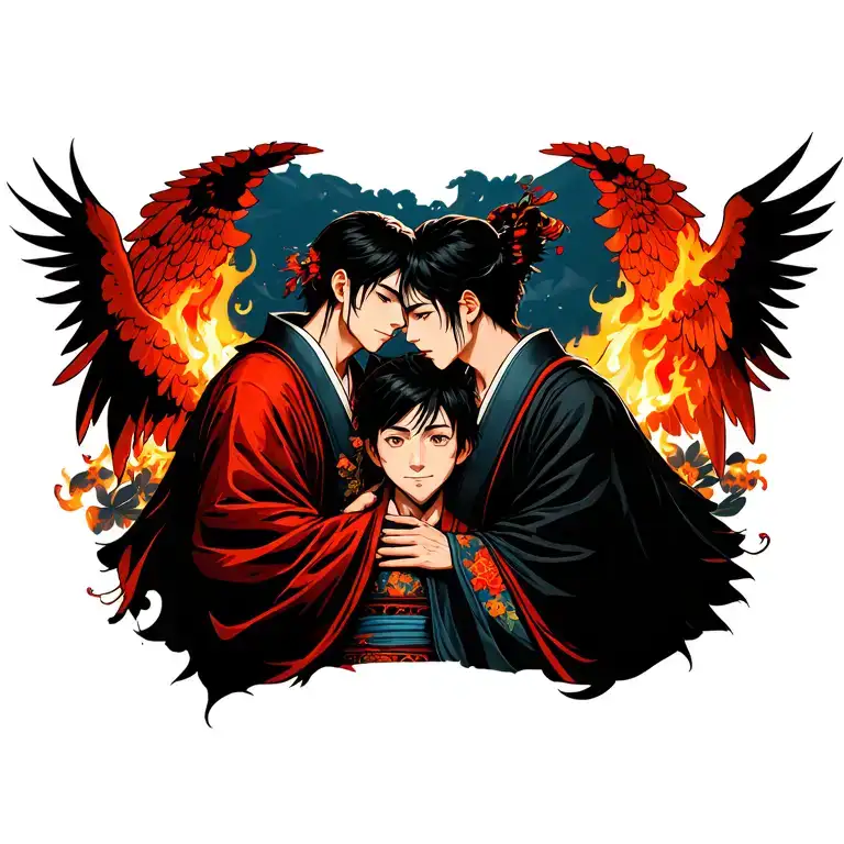 Two male angels embrace a boy in front of a burning Japanese-style house tattoo design idea