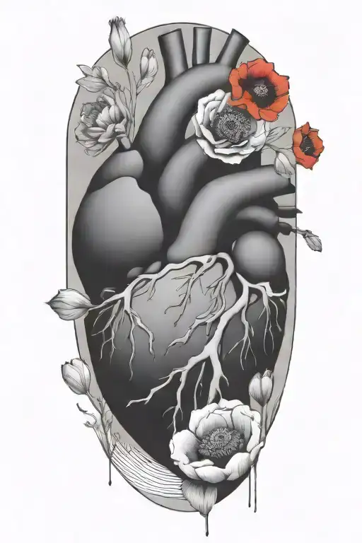 abstract design human heart, poppies, anemones, music, love tattoo design idea