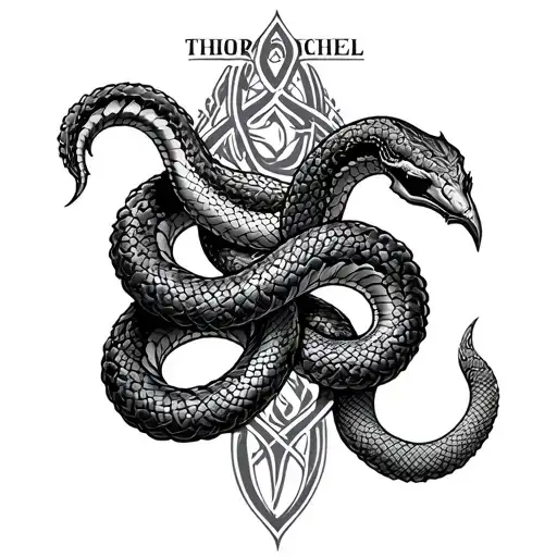 Thorshammer Celtic endless node 2 Äskulap snakes TRISCHEL in the background a J and an M tattoo design idea