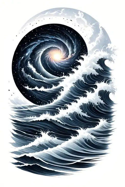 Black and grey sleeve: spiral galaxy above ocean waves, smooth transition, elegant and dark realism. tattoo design idea