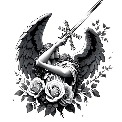 roses blooming, angel holding a sword, cross, clo forming the shape tattoo design idea
