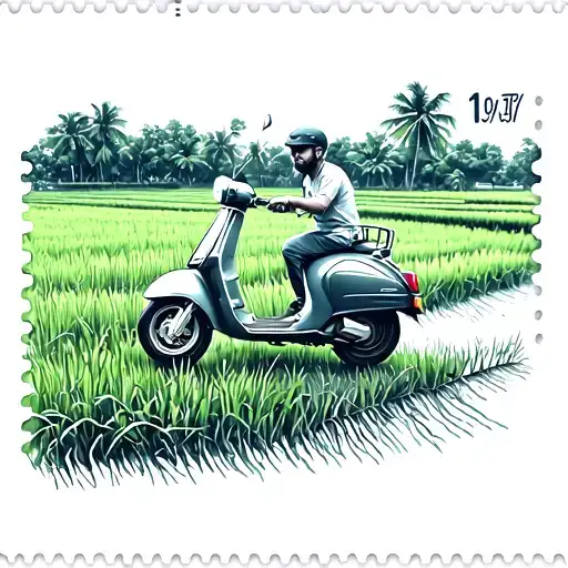 rice fields with a scooter in a postage stamp tattoo design idea