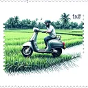 rice fields with a scooter in a postage stamp tattoo design idea