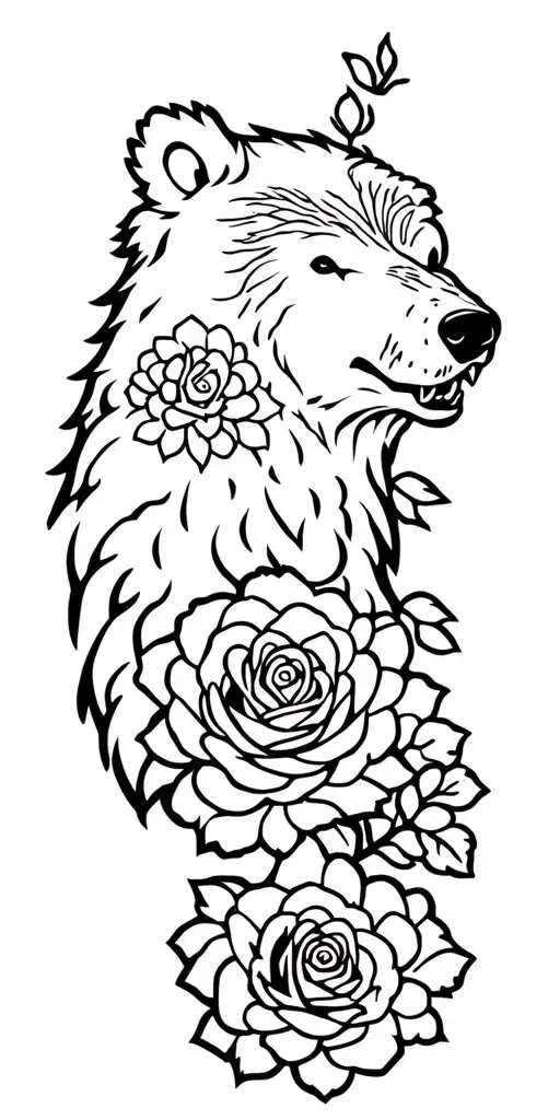 Growling bear head roses blooming forest landscape tattoo design idea
