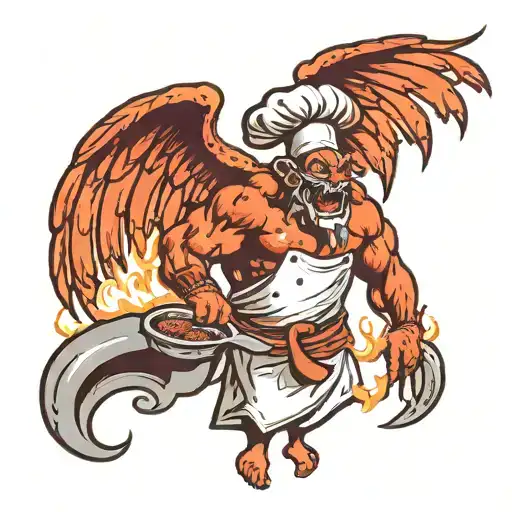 chef devil cooking  with muscular body with wings spread wide tattoo design idea