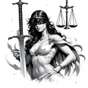 sexy lady of justice with sword drawn and blindfold having fallen off and around her next.  She looks intense and sexy. tattoo design idea