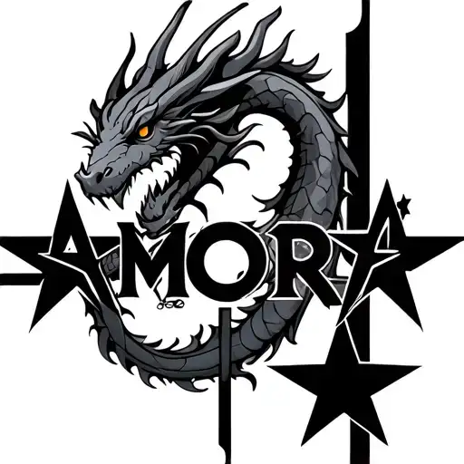 "AMORE" "AMORE" three stars and dragon and abstract lines to combine tattoo design idea