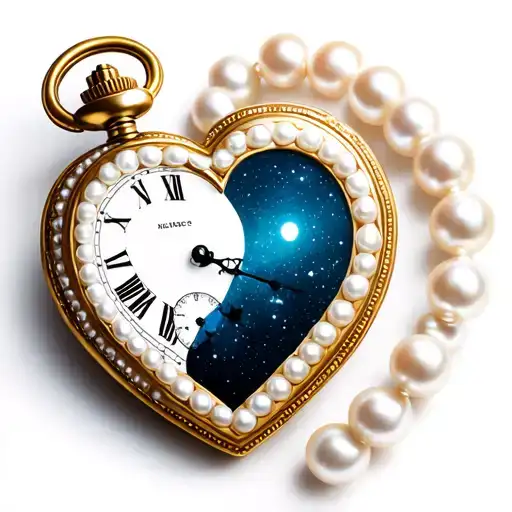 A heart-shaped pocket watch with a white pearl border, pointing to midnight. tattoo design idea