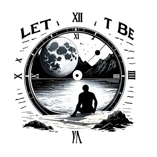 moon or a planet inside a time dial, words let it be, beach, mountain, lost in thought man sitting, minimalist tattoo tattoo design idea