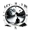 moon or a planet inside a time dial, words let it be, beach, mountain, lost in thought man sitting, minimalist tattoo tattoo design idea
