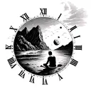 moon or a planet inside a time dial, words let it be, beach, mountain, lost in thought man sitting, minimalist tattoo tattoo design idea