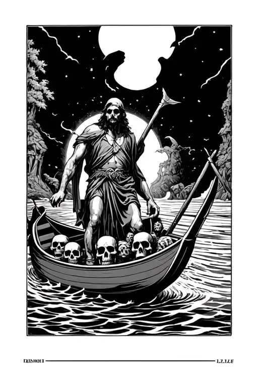 Charon crossing the river Styx with souls coming up out of the water with skulls on his boat tattoo design idea