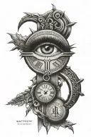 3 different Roman numeral dates and the Bible verse Matthew 6:23 around an eye with Jesus on the cross in the eye  tattoo design idea