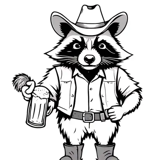 whole body sad cowboy racoon with boots wearing a vest holding a beer with a cow boy hat on  tattoo design idea