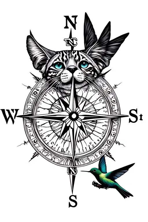 North star compass with naval themes, a siluette of a bobcat and hummingbird tattoo design idea