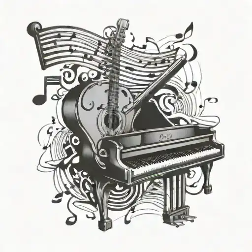 Music tattoo with percussion and piano elements with Letters GGK tattoo design idea