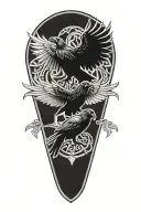 Rooker family crest tattoo incorporating castle, 2 large crows holding a Celtic cross, and 4 small crows in the shield tattoo design idea