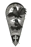 Rooker family crest tattoo incorporating castle, 2 large crows holding a Celtic cross, and 4 small crows in the shield tattoo design idea