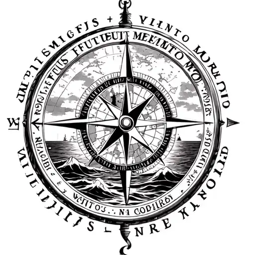 compass with a nautical map inside, text saying "Tempus Fugit Memento Mori", lighthouse, oceans, sunset tattoo design idea