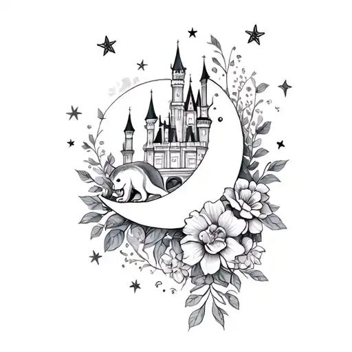 moon stars, disney castle, lion, flowers, books floating tattoo design idea