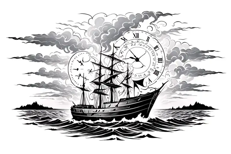 burning boat in storm near shore with clock face in background lost in clouds tattoo design idea
