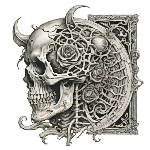 The tattoo in the image depicts a highly detailed and surrealistic design. It features a skeletal figure with a partial  tattoo design idea