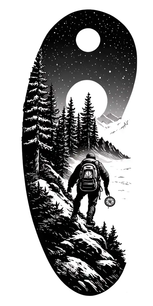 A silhouette of a hiker trekking up a mountain trail, with a compass in hand, surrounded by pine trees and a starry sky tattoo design idea