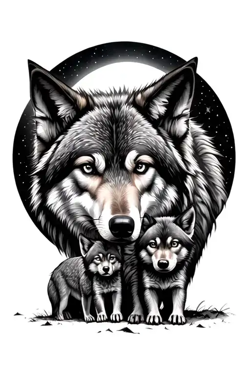 wolf with mate and 3 cubs full moon tattoo design idea