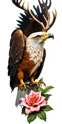 eagle perched, gothic fish, stag, lily, scorpion rose tattoo design idea