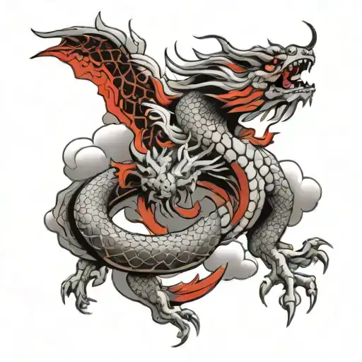 japanese dragon wrapped around the arm with japanese style clouds in red tattoo design idea