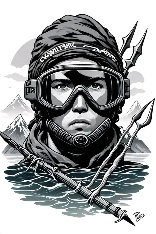 Free diver under the mountain range and a goggle mask with trident  tattoo design idea