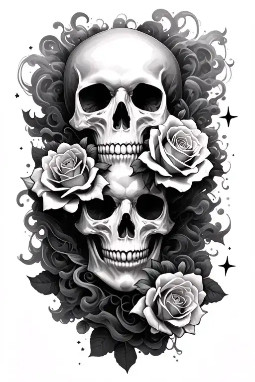 soft skull roses intertwined clouds behind smoke stars tattoo design idea