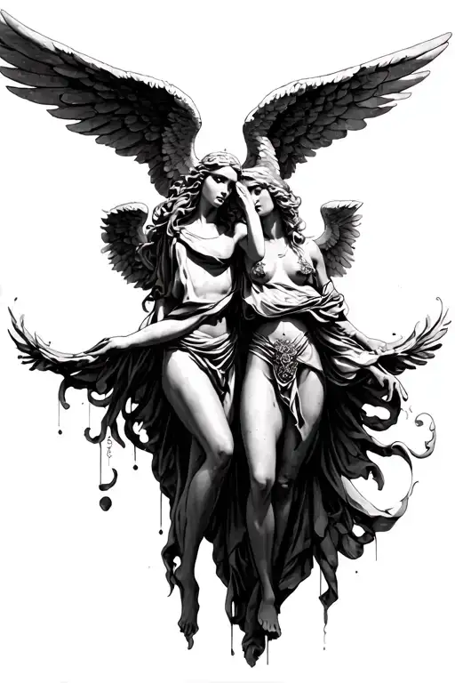 The sketch “Duel of Eternity, Hyperontracy style Traditional with elements of realism in faces and anatomy.  Angel (the top of the sleeve tattoo design idea