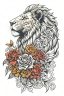 the face of a lion facing to the right with a bouquet of flowers that include a bible, a microphone, and praying hands  tattoo design idea