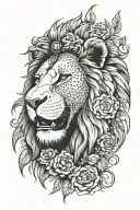 the face of a lion facing to the right with a bouquet of flowers that include a bible, a microphone, and praying hands  tattoo design idea
