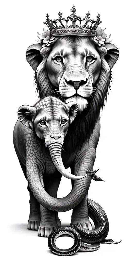 lion and cub with crown.  elephants. snakes. with flowers  tattoo design idea
