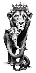 lion and cub with crown.  elephants. snakes. with flowers  tattoo design idea