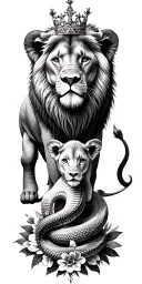 lion and cub with crown.  elephants. snakes. with flowers  tattoo design idea