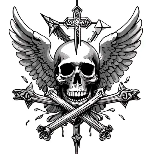 Tattoo template with a kite, an archangel, a cross, a skull with a 76 in the skull and 2 crossed tattoo design idea