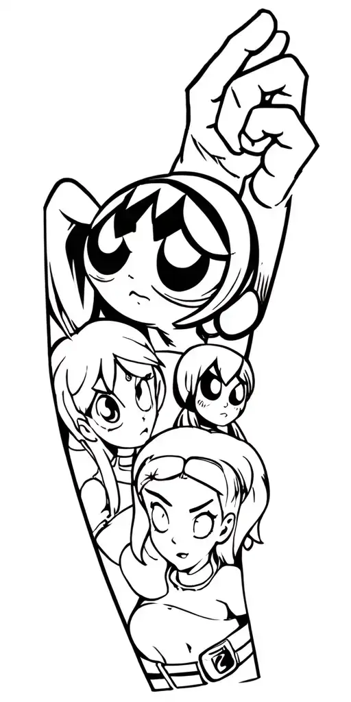totally spies and powerpuff girls on whole arm, with palomino creek from gta sa tattoo design idea