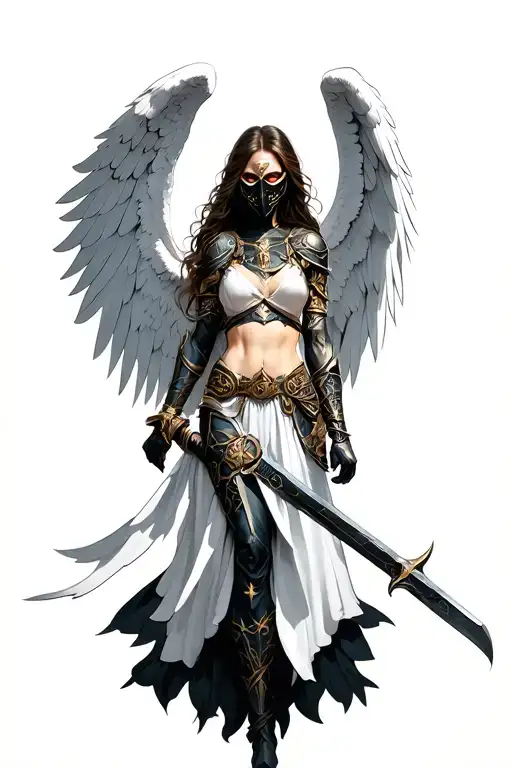 female elegant demigod angel warrior with wings  weilding a weapon and mask that shows eyes tattoo design idea