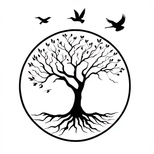 tree of life and birds flying tattoo design idea