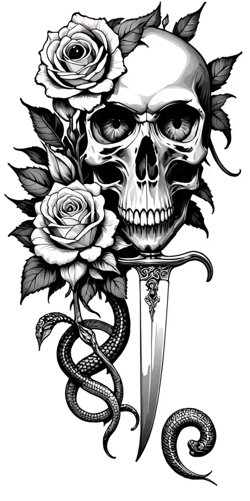 An evil eye on the top, a skull head with roses and tulips, a knife with a serpent around tattoo design idea